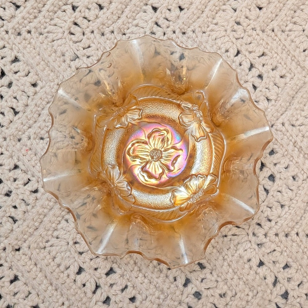 Vintage Dugan Marigold Carnival Glass Ruffled Apple Blossom Bowl Iridescent 6.5"